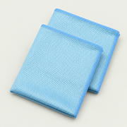 Two blue microfibre cloths with diamond weave and stitched edges