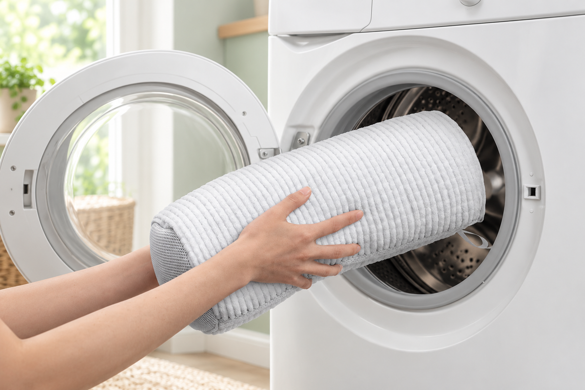 Grey trainer wash bag being placed into an open washing machine