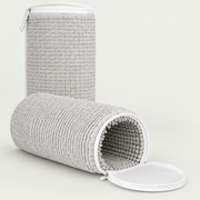Two grey cylindrical trainer wash bags with white zip rims